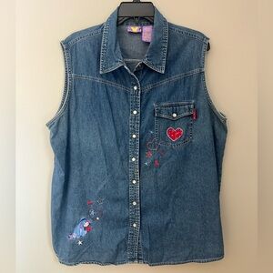 Eeyore Embroidered Sleeveless Denim Button Down